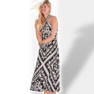 NWT Ann Taylor ‘Scarf Print Linen Blend Crossover Halter Dress’ in Black Size 2
